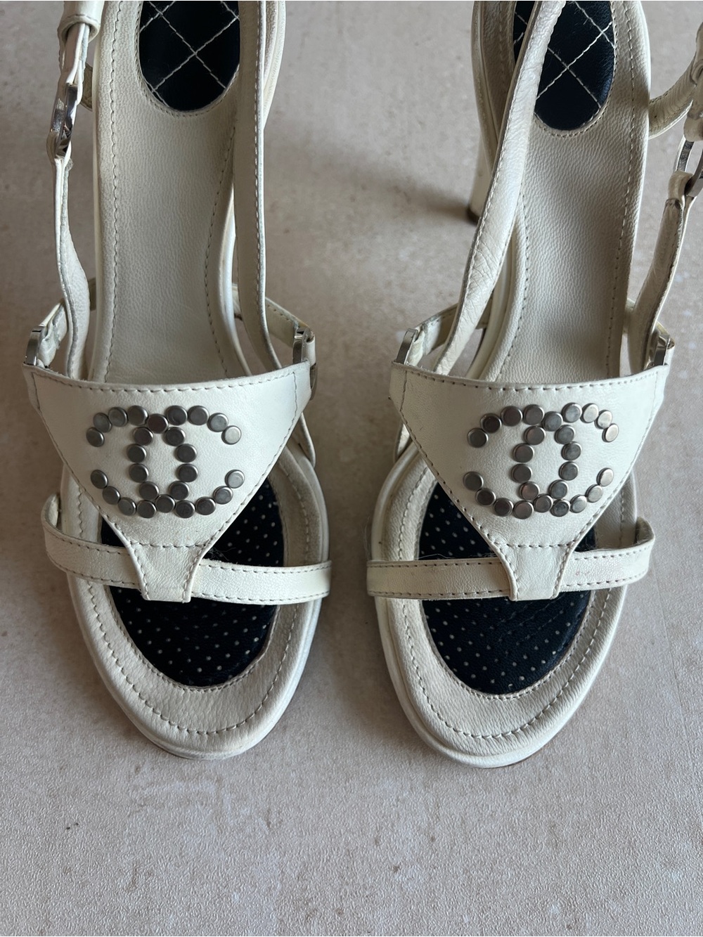 Vintage Chanel White Slingback Studded Sandals with Box - Picture 4 of 10